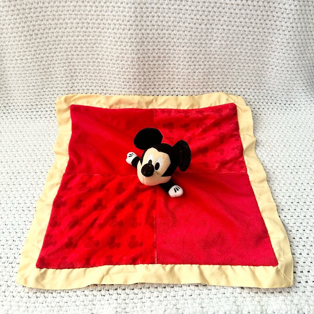 Disney Baby Red Fleece Yellow Satin Trim Mickey Mouse Soft Plush Lovey Security
